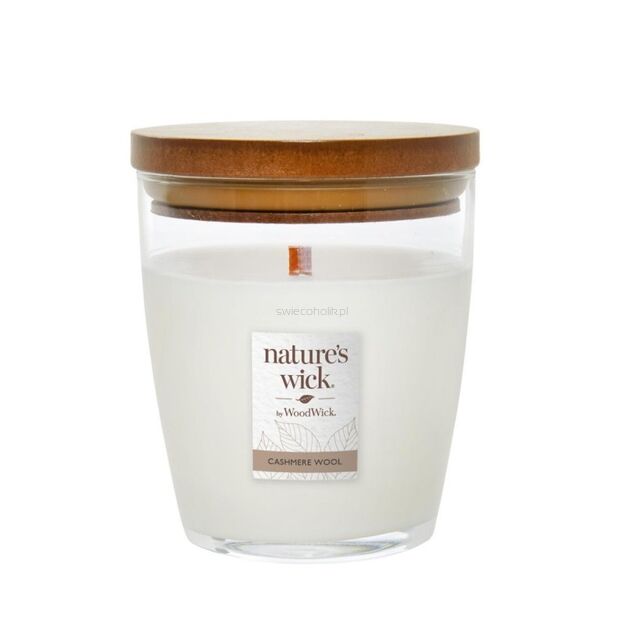 Cashmere Wool - Woodwick - średnia świeca z drewnianym knotem - seria Nature's Wick.
