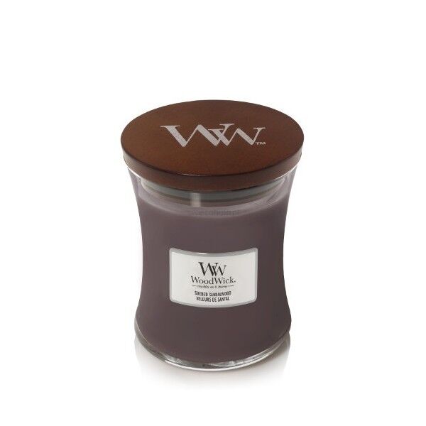 Suede & Sandalwood - Woodwick - średnia świeca zapachowa  z drewnianym knotem