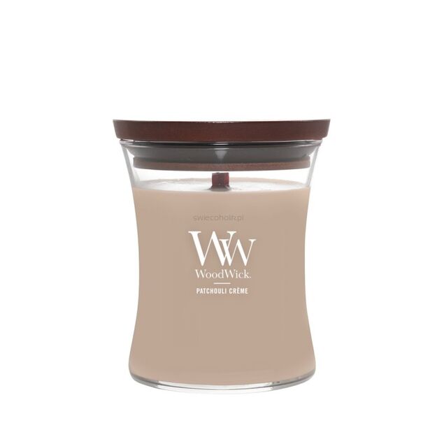 Patchouli Creme - Woodwick - średnia świeca zapachowa z drewnianym knotem - nowość 2025
