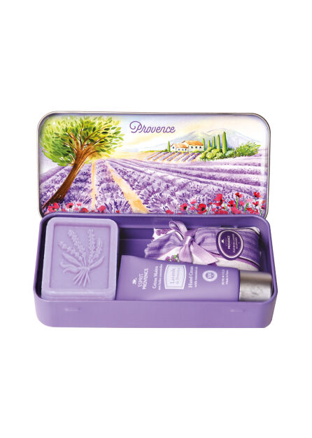 Zestaw prezentowy lawenda (Lavande) - mydło 60 g + krem do rąk + saszetka w metalowym pudełku - Provence (lawendowy krajobraz) | Esprit Provence
