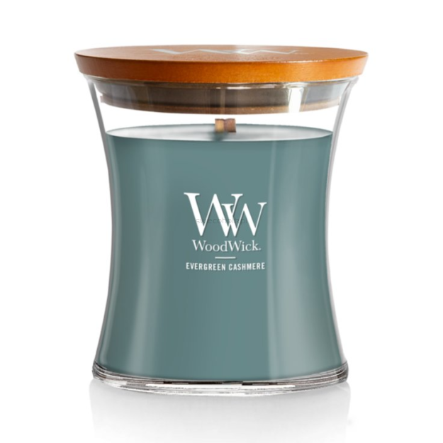 Evergreen Cashmere - Woodwick - średnia świeca z drewnianym knotem 