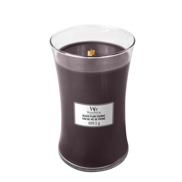 Black Plum Cognac Woodwick duża świeca zapachowa z drewnianym knotem