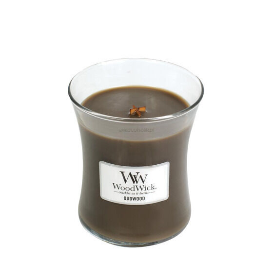 Oudwood WoodWick - Średnia Świeca zapachowa z drewnianym knotem