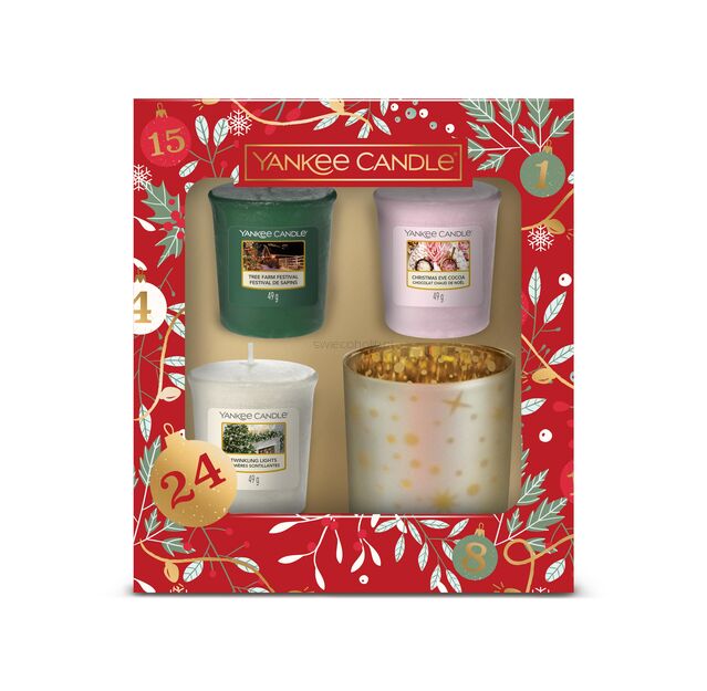 Zestaw prezentowy Countdown to Christmas - Yankee Candle - 3 małe świece votive + świecznik