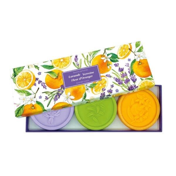 Zestaw prezentowy mydeł lawenda, werbena i kwiat pomarańczy 3x100 g (Lavande, Verveine & Fleur d’Oranger) | Esprit Provence