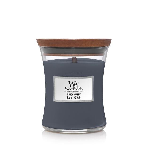 Indigo Suede - WoodWick - średnia świeca zapachowa z drewnianym knotem - nowość 2021