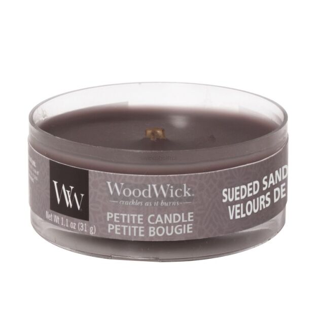 Suede & Sandalwood - Woodwick -petite - mini  świeca zapachowa  z drewnianym knotem