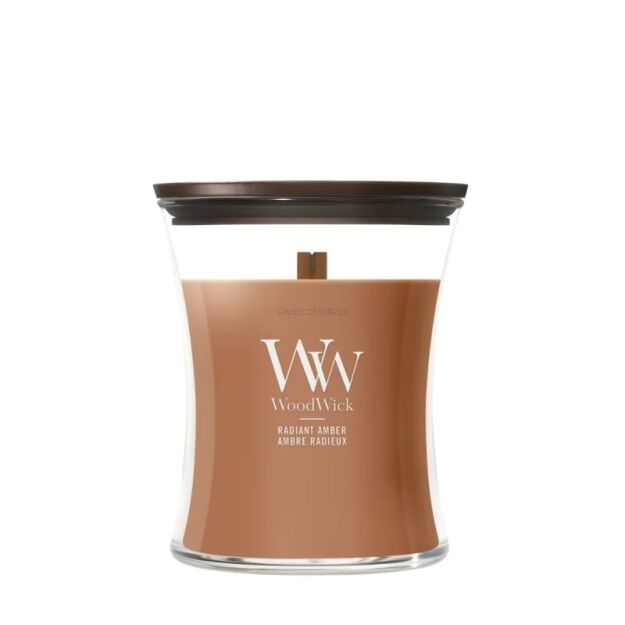 WoodWick Radiant Amber – średnia świeca zapachowa z drewnianym knotem