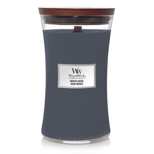 Indigo Suede - WoodWick - duża świeca zapachowa z drewnianym knotem - nowość 2021