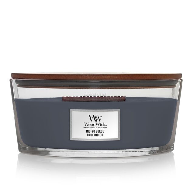 Indigo Suede - Woodwick - świeca elipsa z drewnianym knotem - nowość 2021 