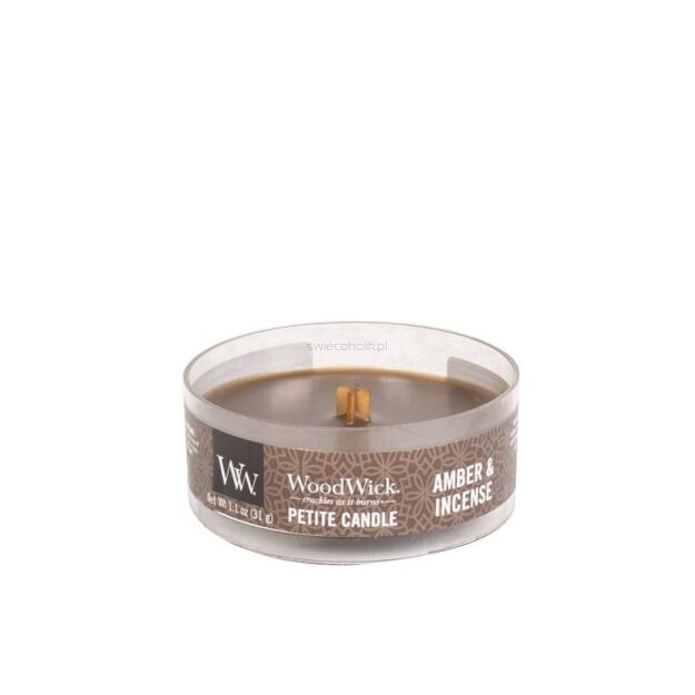 Amber & Incense - Woodwick petite mini świeca zapachowa z drewnianym knotem