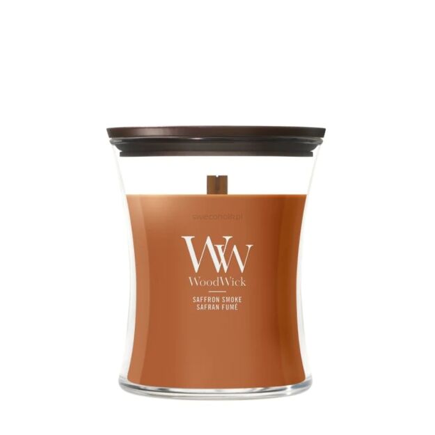WoodWick Saffron Smoke – średnia świeca zapachowa z drewnianym knotem