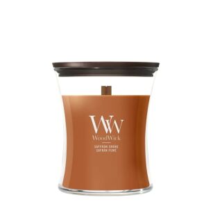 WoodWick Saffron Smoke – średnia świeca zapachowa z drewnianym knotem
