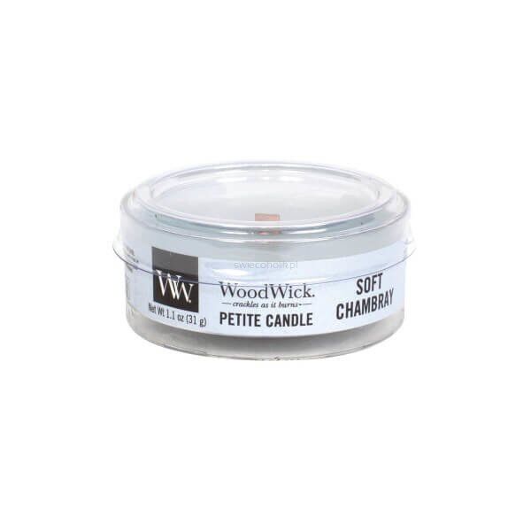 Soft Chambray - WoodWick - mini świeca zapachowa petite z drewnianym knotem