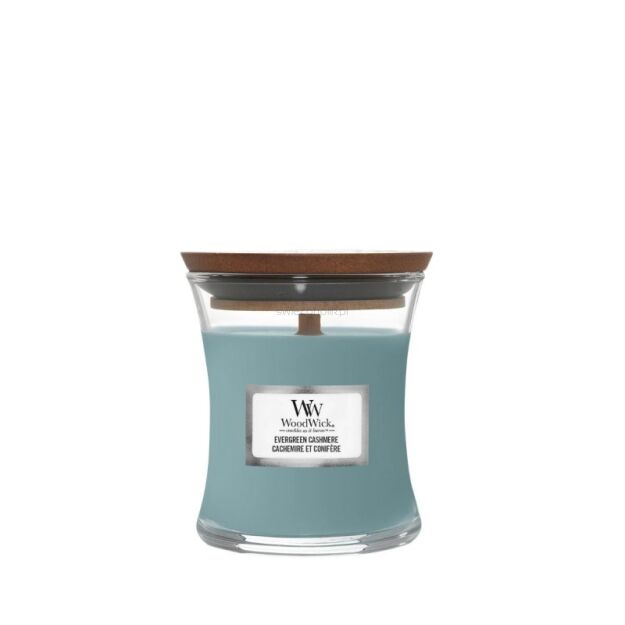 Evergreen Cashmere - Woodwick - mała świeca z drewnianym knotem