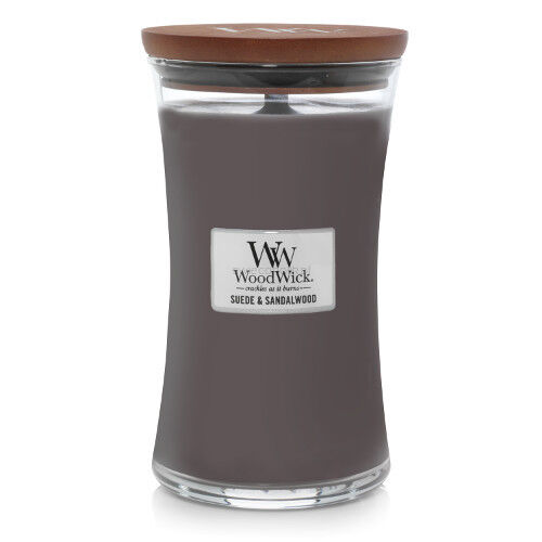 Suede & Sandalwood - Woodwick - duża świeca zapachowa  z drewnianym knotem