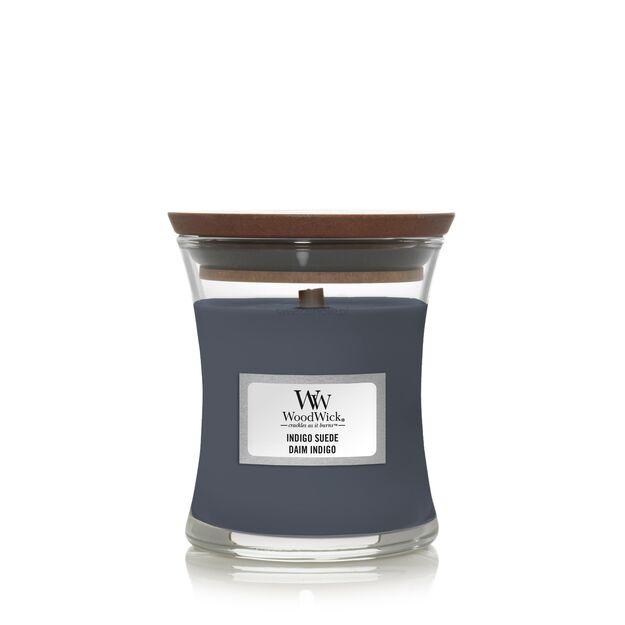 Indigo Suede - WoodWick - mała świeca zapachowa z drewnianym knotem - nowość 2021