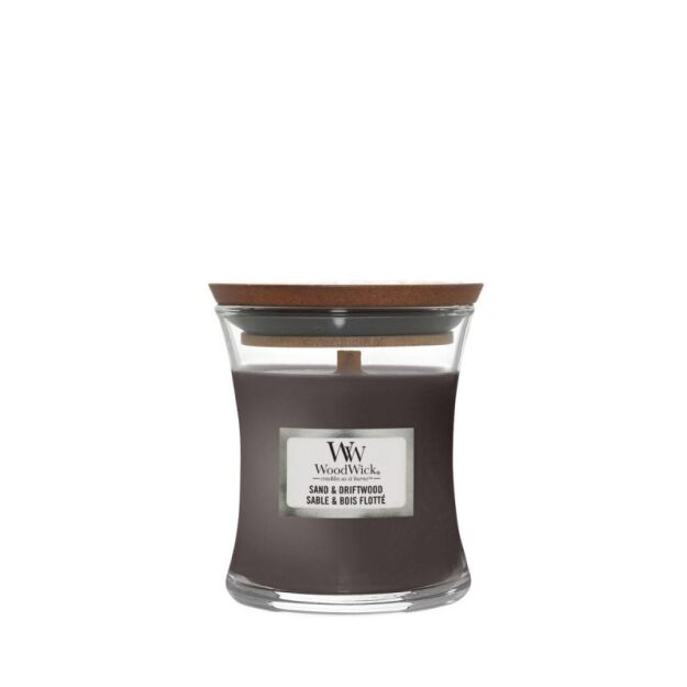 WoodWick Sand & Driftwood - mała świeca zapachowa z drewnianym knotem