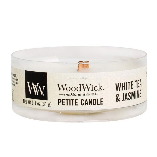 White Tea & Jasmine - Woodwick petite mini świeca zapachowa z drewnianym knotem