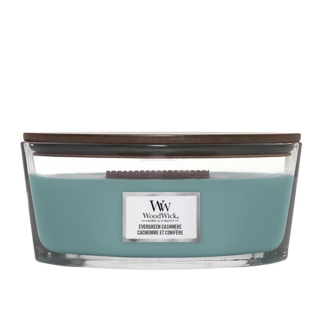 Evergreen Cashmere - Woodwick - świeca elipsa z drewnianym knotem - nowość 2023