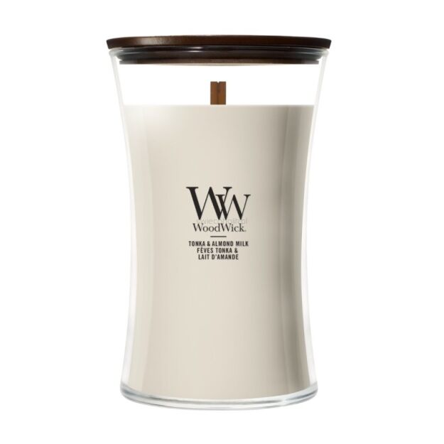 Tonka & Almond Milk - Woodwick- duża świeca z drewnianym knotem